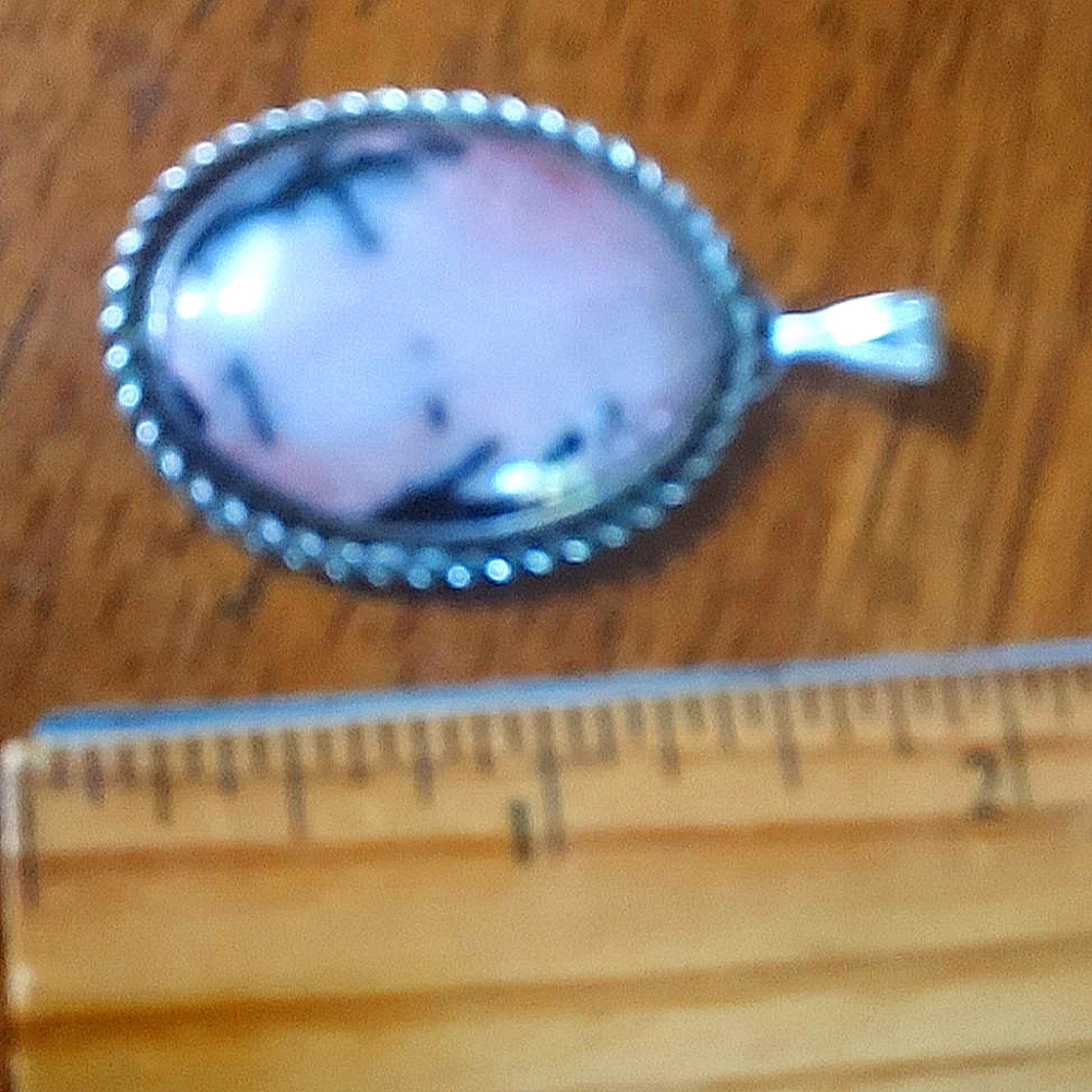 Vintage Pink Dendrite Pendant Cabushon in Sterling Silver Bezzel. 2"